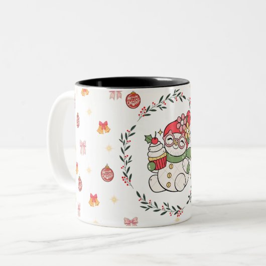 Cute Christmas Snowman Mug with Wreath  Zweifarbige Tasse (Vorderseite Links)