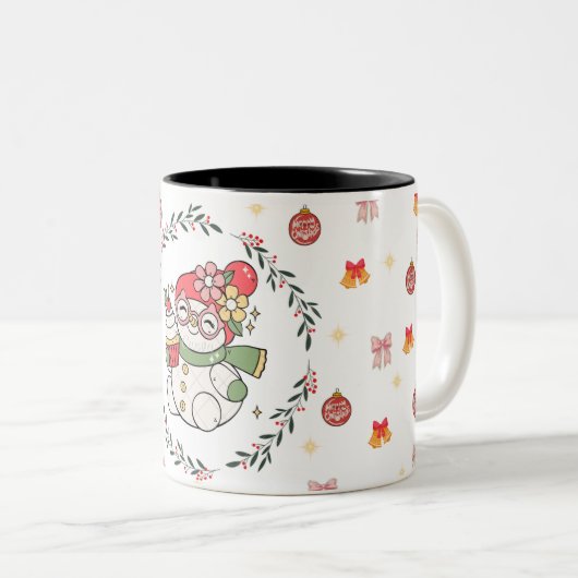 Cute Christmas Snowman Mug with Wreath Zweifarbige Tasse (VorderseiteRechts)