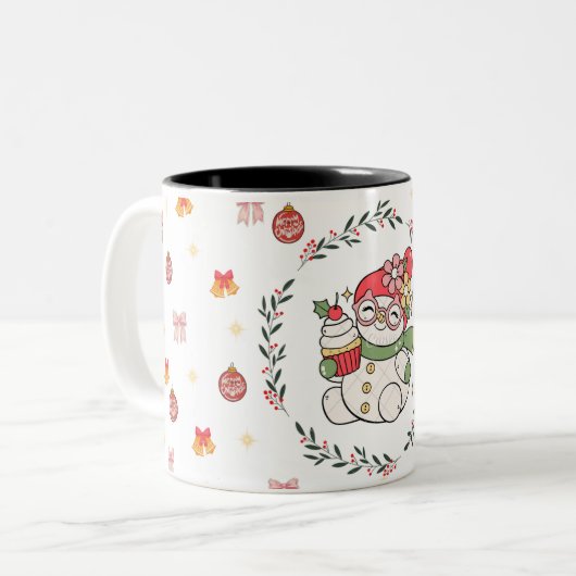 Cute Christmas Snowman Mug with Wreath Zweifarbige Tasse (Vorderseite Links)