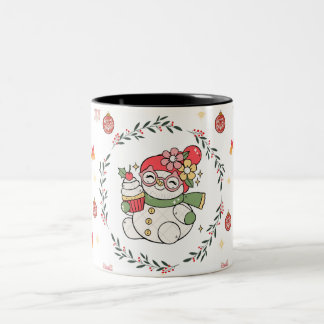 Cute Christmas Snowman Mug with Wreath Zweifarbige Tasse