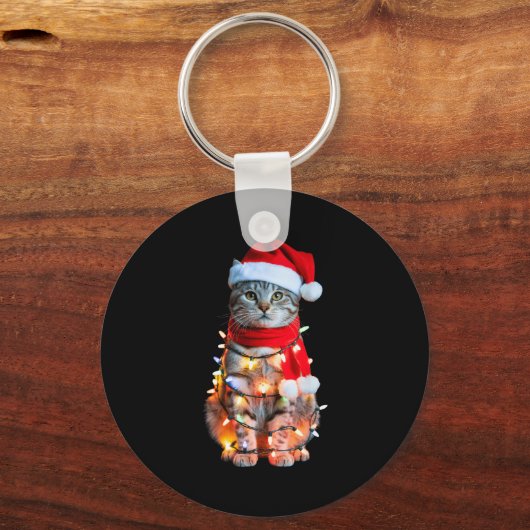 Cute Christmas Tabby Cat In Lights Santa Hat For K Schlüsselanhänger (Vorderseite)