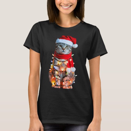 Cute Christmas Tabby Cat In Lights Santa Hat For K T-Shirt (Vorderseite)