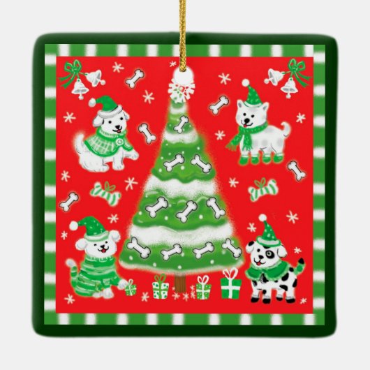 Cute Christmas Tree and Puppy Dogs with Bones Keramikornament (Rückseite)