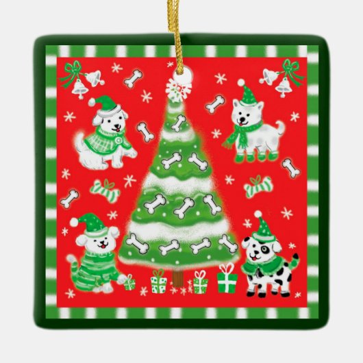 Cute Christmas Tree and Puppy Dogs with Bones Keramikornament (Vorderseite)