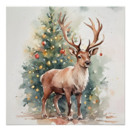 Cute Christmas tree reindeer cozy Holiday Wall Art Poster
