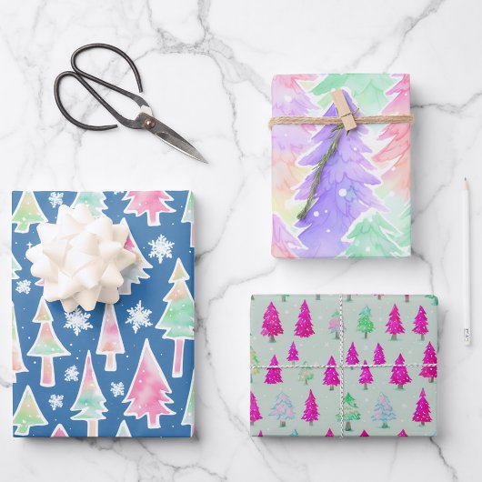 cute christmas trees pattern pastel colours geschenkpapier set