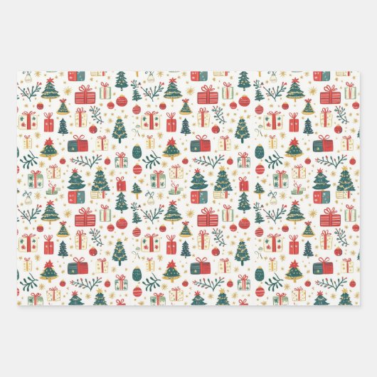 Cute Christmas Trees Presents Retro Pattern Geschenkpapier Set (Vorderseite)