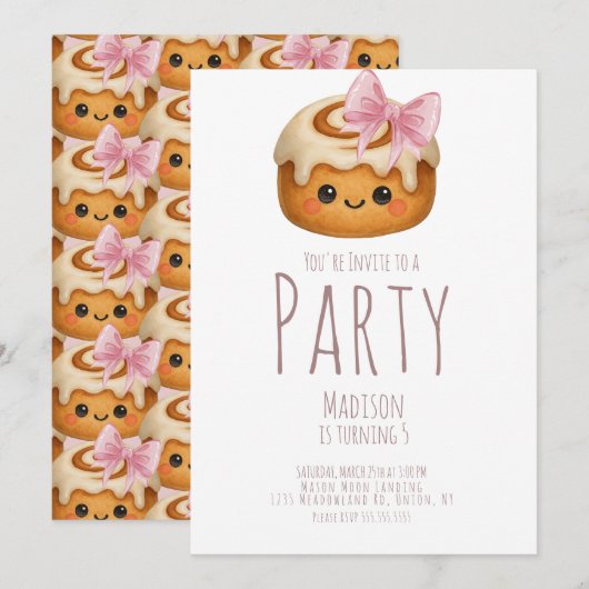 Cute Cinnamon Roll Bun Girl Birthday Party Einladung (Vorne/Hinten)