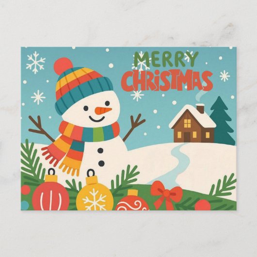 Cute, classic Merry Christmas snowman Feiertagspostkarte (Vorderseite)