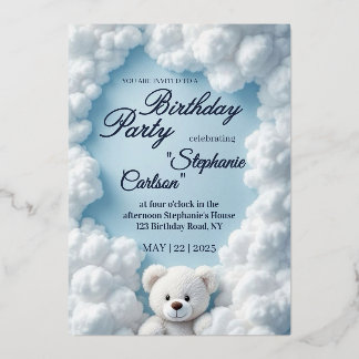 Cute Cloud & Teddy Bear Birthday Invitation Folieneinladung