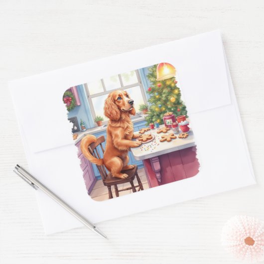 Cute Cocker Spaniel Gingerbread Baking Christmas Quadratischer Aufkleber (Umschlag)