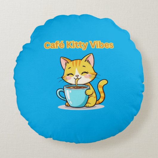 **Cute Coffee Cat – Adorable Cat Drinking Coffee I Rundes Kissen (Vorderseite)