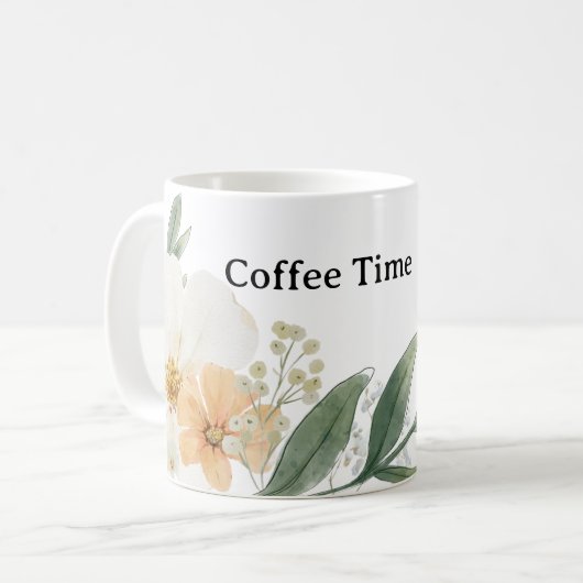 Cute CoffeeTime Teacup. Modern Minimalist Floral Kaffeetasse (Vorderseite Links)