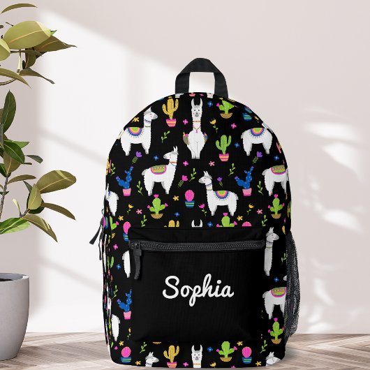 Cute Colorful Alpaca Cactus Custom Name Black Bedruckter Rucksack