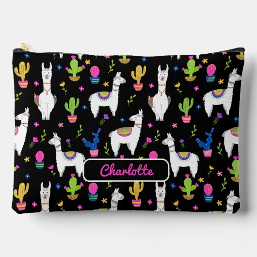 Cute Colorful Alpaca Cactus Custom Name Black Zubehörtasche (Vorderseite)