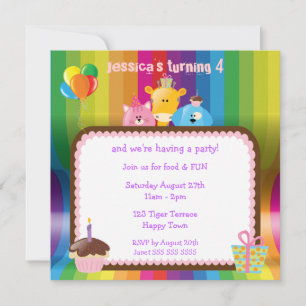 Cute & Colorful Animals Girls Birthday Party Einladung