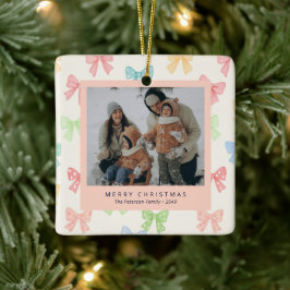 Cute Colorful Bow Pattern Family 4 Photo Holiday Keramikornament