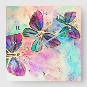 Cute Colorful Butterflies - Watercolor Art - Quadratische Wanduhr