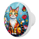 Cute Colorful Folk Art Cat and Flowers Keramikknauf (Rechts)
