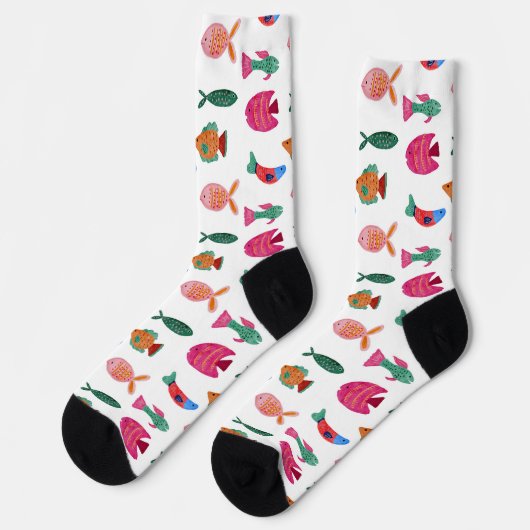 Cute Colorful Tiny Fish Drawing Seamless Pattern Socken (Linkes Detail)
