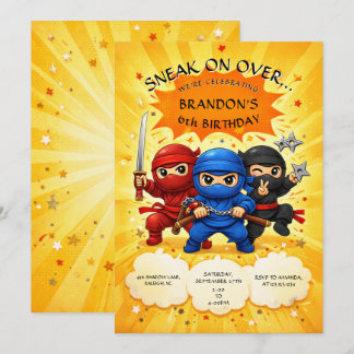 Cute Colorful Trio Ninja Comic Kids Birthday Einladung