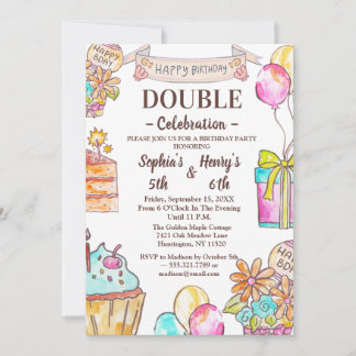 Cute Colorful Watercolor Kids Joint Birthday Einladung