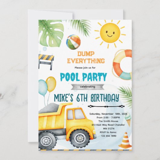 Cute construction pool theme invitation einladung (Vorderseite)