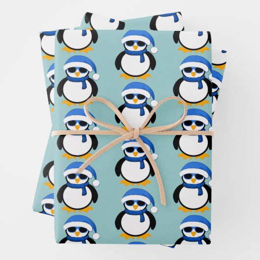 Cute cool penguin Christmas winter pattern blue Geschenkpapier Set (Beispiel)