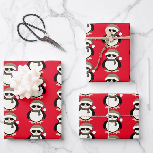 Cute cool penguin Christmas winter pattern red Geschenkpapier Set (Vorderseite)