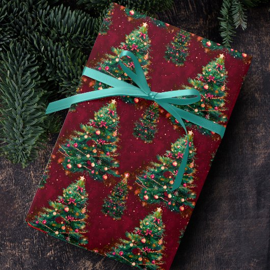 Cute Coquette Christmas trees dark red Geschenkpapier
