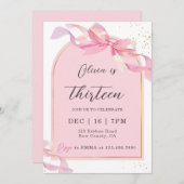 Cute Coquette Pink Gold Bow Girl Birthday Einladung (Vorne/Hinten)