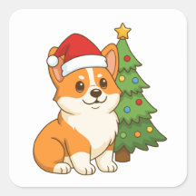 Cute Corgi Dog in a Red Hat with Christmas Tree 2
