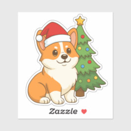 Cute Corgi Dog in a Red Hat with Christmas Tree Aufkleber