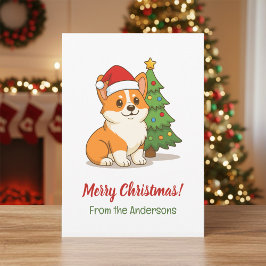 Cute Corgi Dog in a Red Hat with Christmas Tree Feiertagskarte