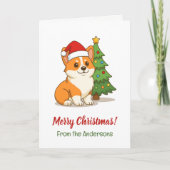 Cute Corgi Dog in a Red Hat with Christmas Tree Karte (Vorderseite)