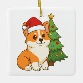 Cute Corgi Dog in a Red Hat with Christmas Tree Keramikornament
