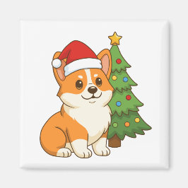 Cute Corgi Dog in a Red Hat with Christmas Tree Magnet