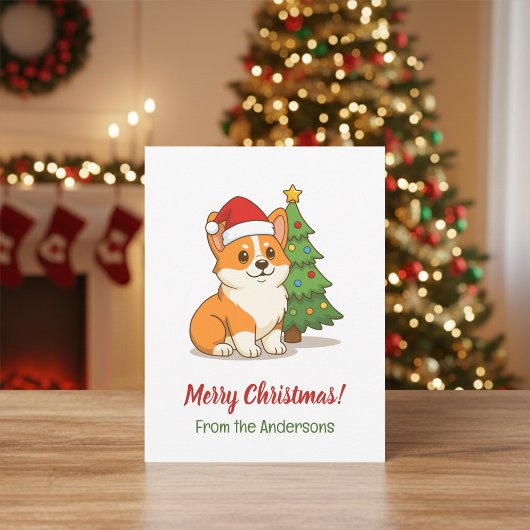 Cute Corgi Dog in a Red Hat with Christmas Tree Postkarte