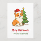 Cute Corgi Dog in a Red Hat with Christmas Tree Postkarte (Vorderseite)