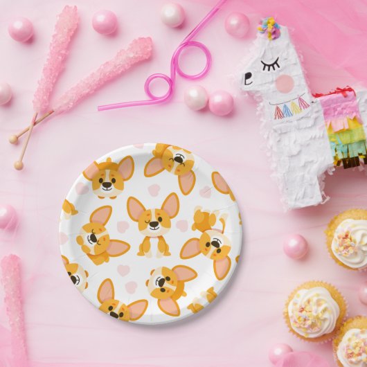 Cute Corgi with Hearts Birthday Pappteller (Party)