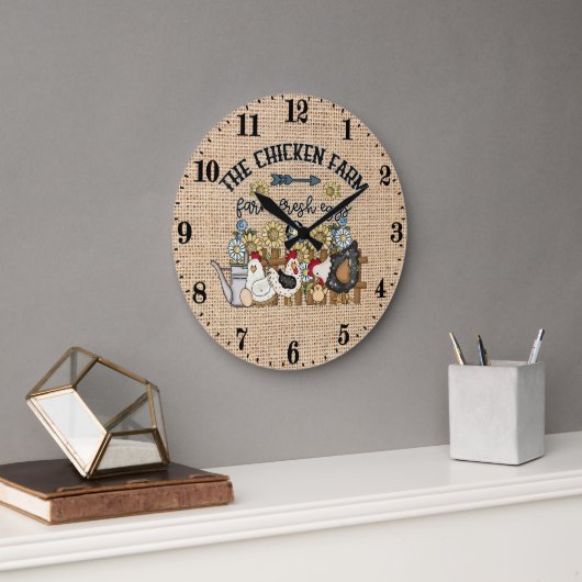 cute Country chicken farm fresh eggs Große Wanduhr (Büro)