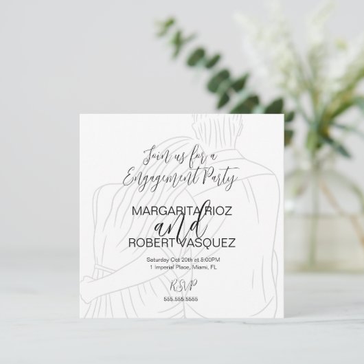Cute Couple Hugging Script Engagement Party Save The Date (Stehend Vorderseite)