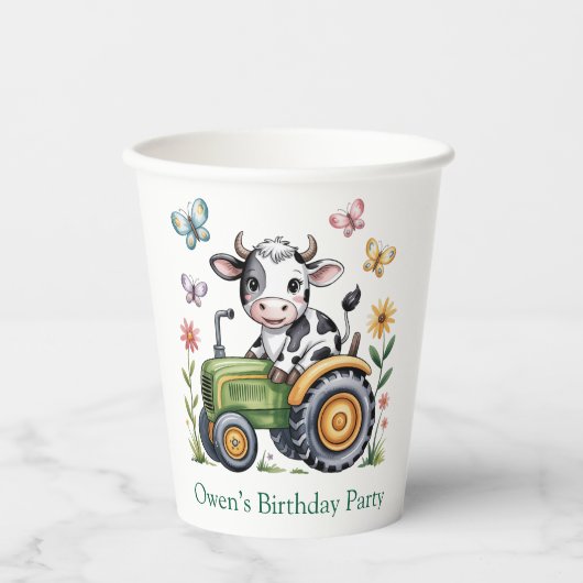 Cute Cow on Tractor Boy Birthday Party Pappbecher (Vorderseite)
