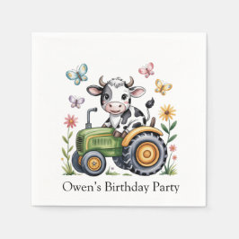 Cute Cow on Tractor Boy Birthday Party Serviette