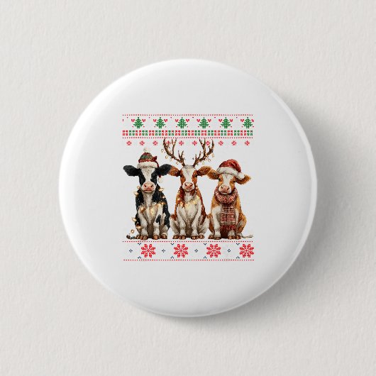Cute Cow Santa Christmas Lights Ugly Xmas Sweater  Button (Vorderseite)