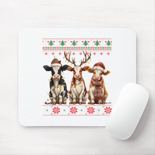 Cute Cow Santa Christmas Lights Ugly Xmas Sweater  Mousepad (Mit Mouse)