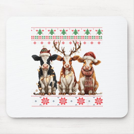 Cute Cow Santa Christmas Lights Ugly Xmas Sweater  Mousepad (Vorne)