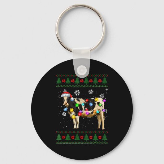 Cute Cow Santa Christmas Lights Ugly Xmas Sweater  Schlüsselanhänger (Vorderseite)