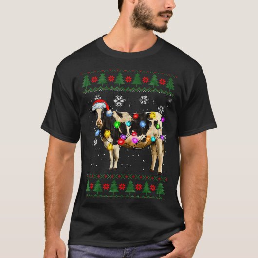 Cute Cow Santa Christmas Lights Ugly Xmas Sweater  T-Shirt (Vorderseite)