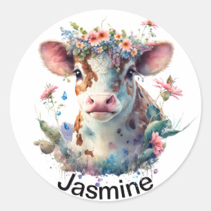 Cute cow with your name floral wreath watercolor runder aufkleber